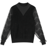 ELFSACK Black Solid Contrast Mesh Vintage Pullovers Women Sweaters 2020 Spring Long Lace Lantern Sleeve Ladies Sexy Daily Tops