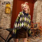 ELFSACK Green Argyle Print New Year Preppy Knit Pullover Women Sweaters 2020 Spring Long Sleeve Korean Casual Ladies Daily Top