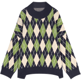 ELFSACK Green Argyle Print New Year Preppy Knit Pullover Women Sweaters 2020 Spring Long Sleeve Korean Casual Ladies Daily Top