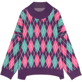 ELFSACK Green Argyle Print New Year Preppy Knit Pullover Women Sweaters 2020 Spring Long Sleeve Korean Casual Ladies Daily Top