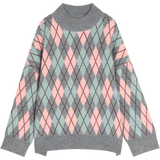 ELFSACK Green Argyle Print New Year Preppy Knit Pullover Women Sweaters 2020 Spring Long Sleeve Korean Casual Ladies Daily Top