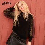 ELFSACK Black Solid Contrast Mesh Vintage Pullovers Women Sweaters 2020 Spring Long Lace Lantern Sleeve Ladies Sexy Daily Tops